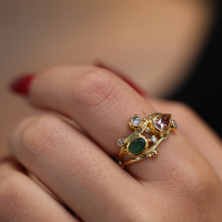 Morganite, Emerald and Diamond Double Seafire Gold Ring Image