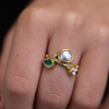 Keishi Pearl, Morganite, Emerald and Diamond Gold Seafire Ring