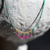 Turquoise Beaded Gold Necklace with Ruby Fringe Image