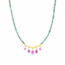Turquoise Beaded Gold Necklace with Ruby Fringe Image