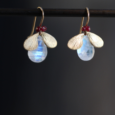 Rainbow Moonstone Jeweled Bug Earrings with Ruby Eyes