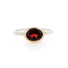 Small Oval Garnet Silver and 14k Gold Ring