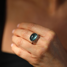 Oval Smooth Silver and Rose Gold Moss Aquamarine Ring Image