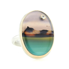 Oval Vertical Landscape Agate Ring with Diamond Image