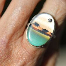 Oval Vertical Landscape Agate Ring with Diamond Image