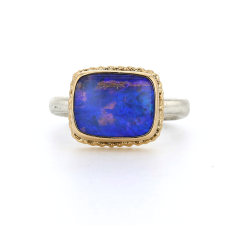 Rectangular Opalized Wood Silver and Gold Ring