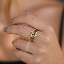 Morganite, Emerald and Diamond Double Seafire Gold Ring Image